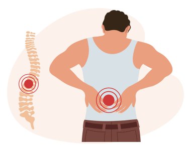 Servikal ve bel omurlarında ağrısı olan bir adam. Sırt ağrısı, kas ağrısı, osteoartrit, romatoid artrit. İlaçlar. Görüntü, vektör