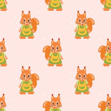 Kusursuz desenli, ev hanımı önlüğü giyen sevimli bir sincap karakteri. Çocuk baskısı, arka plan, tekstil. Vektör