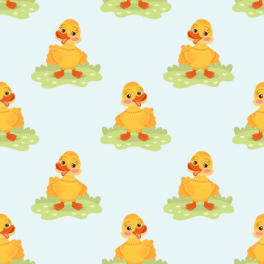 Kusursuz desen, sevimli çizgi film, küçük ördek yavrusu, çayırdaki kaz karakteri. Çocuk baskısı, arka plan, tekstil. Vektör