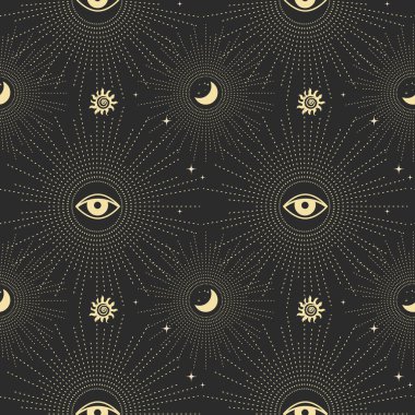 Boho tarzında kusursuz astrolojik desenler, ayın altın mistik esrarengiz sembolleri, güneş, karanlık arka plandaki yıldızlar. Yazdır, astronomik arkaplan. Vektör