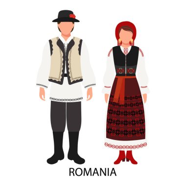 Romen halk kostümlü bir adam ve bir kadın. Romanya 'nın kültür ve gelenekleri. Görüntü, vektör