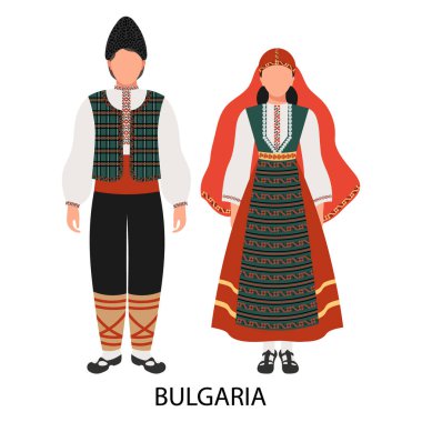 Bulgar halk kostümlü bir adam ve bir kadın. Bulgaristan 'ın kültürü ve gelenekleri. Görüntü, vektör