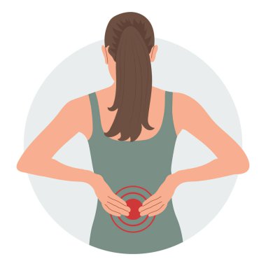 Servikal ve bel omurlarında ağrı olan bir kadın. Sırt ağrısı, kas ağrısı, osteoartrit, romatoid artrit. İlaçlar. Görüntü, vektör