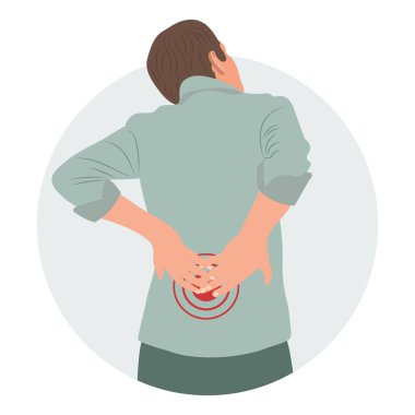 Servikal ve bel omurlarında ağrısı olan bir adam. Sırt ağrısı, kas ağrısı, osteoartrit, romatoid artrit. İlaçlar. Görüntü, vektör