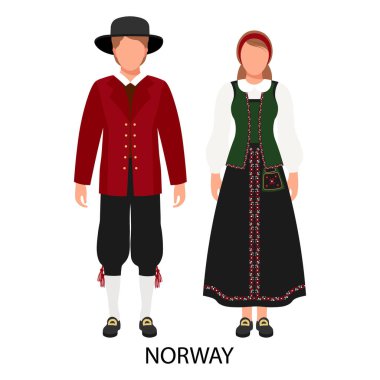 Norveç halk kostümlü bir çift adam ve bir kadın. Norveç 'in kültürü ve gelenekleri. Görüntü, vektör