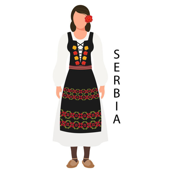 Woman in Serbian folk retro costume. Culture and traditions of Serbia. Illustration, vector