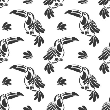 Kusursuz desenli, beyaz arka planda stilize tropikal kuş tukanları. Siyah beyaz baskı, arka plan, tekstil. Vektör