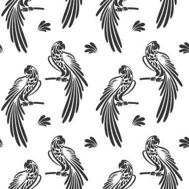 Kusursuz desen, beyaz arka planda şekillendirilmiş tropik kuşlar papağanı. Siyah beyaz baskı, arka plan, tekstil. Vektör