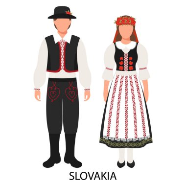 Kadın ve erkek, Slovak halk kostümlü çift. Slovakya kültürü ve gelenekleri. Görüntü, vektör