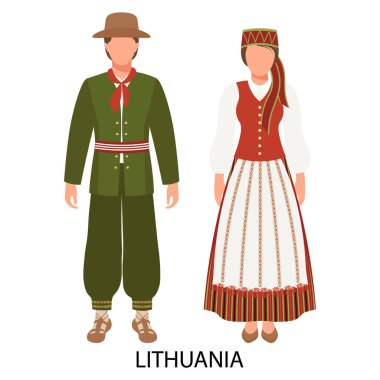 Bir adam ve bir kadın, Litvanya halk kostümlü bir çift. Litvanya kültürü ve gelenekleri. Görüntü, vektör