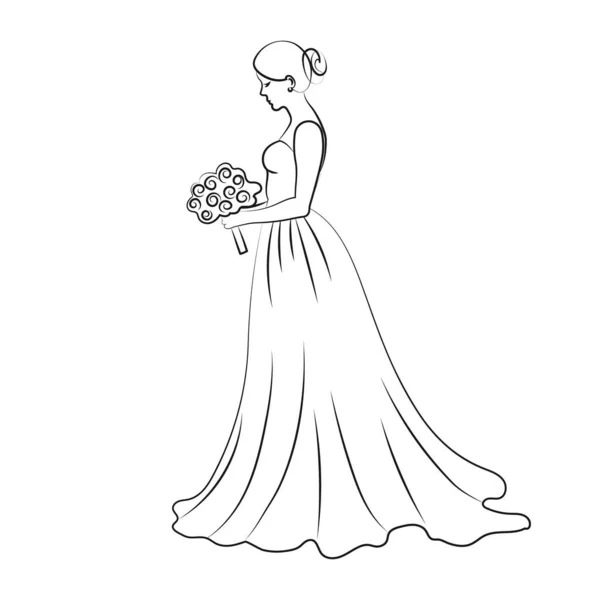 stock vector Bride in a wedding dress with a bouquet of flowers on a white background. Line art, sketch, contour drawing, vector