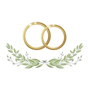 Altın alyanslar okaliptüs yapraklı bir çelenk. Düğün klubü, davetiye için logo. Vektör