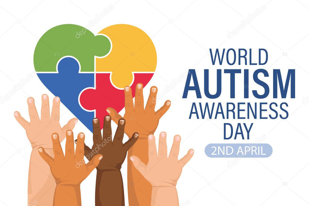 World Autism Awareness Day banner. Children's hands and colorful heart puzzles. Poster, vector