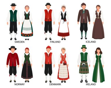 Avrupa ülkelerinin folklor kostümlü çiftleri. İsveç, Finlandiya, Danimarka, Norveç, İzlanda, İrlanda. Kültür ve gelenekler. Görüntü, vektör