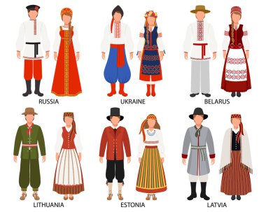 Avrupa ülkelerinin folklor kostümlü çiftleri. Rusya, Ukrayna, Belarus, Letonya, Litvanya, Estonya. Kültür ve gelenekler. Görüntü, vektör