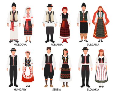 Avrupa ülkelerinin folklor kostümlü çiftleri. Moldova, Romanya, Bulgaristan, Sırbistan, Macaristan, Slovakya. Kültür ve gelenekler. Görüntü, vektör