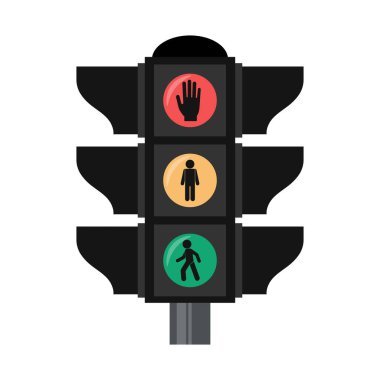 Beyaz arka planda uyarı işaretleri olan trafik ışıkları. Yol semaforu. Çizim düz biçim, vektör
