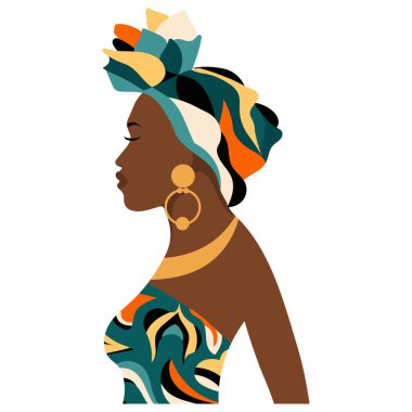 Ulusal başlıklı güzel bir Afrikalı kadının portresi, bir türban. Görüntü, vektör