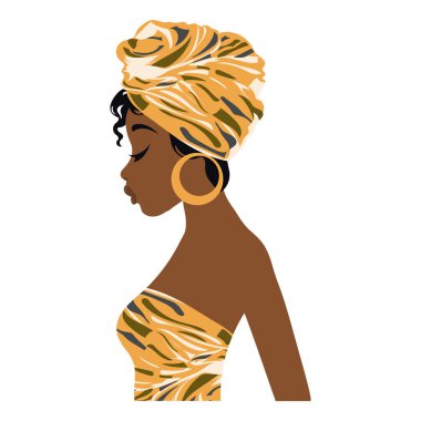 Ulusal başlıklı güzel bir Afrikalı kadının portresi, bir türban. Görüntü, vektör