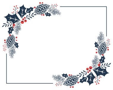 Christmas frame with pine cones, berries and holly leaves on a white background. Christmas wreath, vector clipart