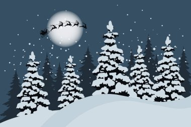 Köknar ağaçları ve Noel Baba 'nın kızakta, ayın altında gökyüzünde ren geyikleri olan kış manzarası. Noel tebrik kartı şablonu Vektör