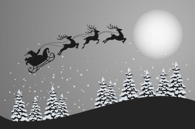 Köknar ağaçları ve Noel Baba 'nın kızakta, ayın altında gökyüzünde ren geyikleri olan kış manzarası. Noel tebrik kartı şablonu Vektör