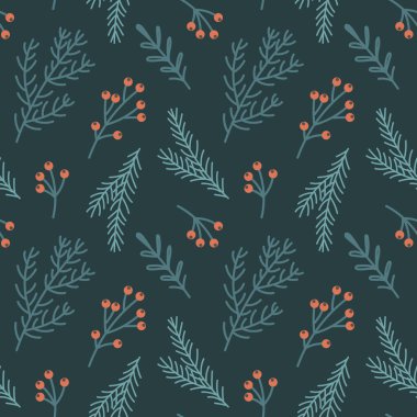 Noel ağacı dalları, Holly ve Rowan meyveleriyle kusursuz bir Noel deseni. Yeni yıl tasarımı. Arkaplan, yazdırma, vektör