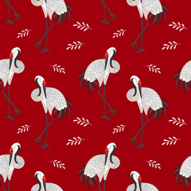 Kusursuz desen, beyaz uçan turnalar, kırmızı arka planda leylekler. Soyut arkaplan, tekstil, duvar kağıdı, vektör