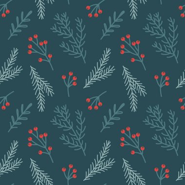 Noel ağacı dalları, Holly ve Rowan meyveleriyle kusursuz bir Noel deseni. Yeni yıl tasarımı. Arkaplan, yazdırma, vektör