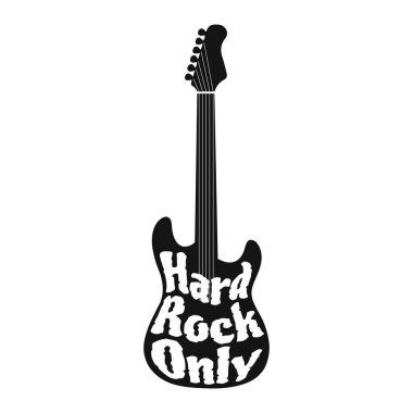 Hard Rock Only 'i elektro rock gitar şeklinde çalmak. Müzikal gitarın siyah silueti, vektör