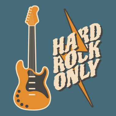 Hard Rock Only harfleri ve akustik rock gitarın silueti. Müzik posteri, retro biçim illüstrasyonu, vektör