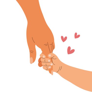 Annenin eli, bebeğin elini tutuyor. Annesinin elinde bir çocuk eli. Görüntü, vektör