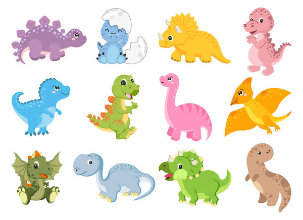 Set of cute funny dinosaurs. Baby print, animal icons, stickers, vector