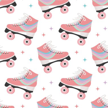 Tatlı geçmişe dönük patenleriyle kusursuz desen. Çocuk tekstil ürünleri ve ambalaj kağıtları için klasik kumaş. Kızlar için çizgi film geçmişi. Vektör