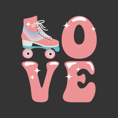 Lettering Love ve paten. Retro simge, karikatür biçimi, vektör