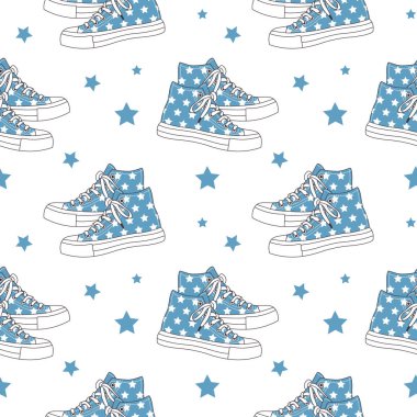 Hoş eski spor ayakkabılarıyla kusursuz bir desen. Tekstil ve ambalaj kağıdı için klasik doku. Çizgi film geçmişi. Vektör