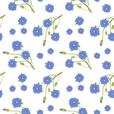 Kusursuz desen, beyaz arka planda mavi keten çiçekli dallar. Yazdırma, arkaplan, vektör