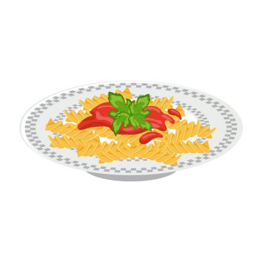Bir tabak makarna. Ketçap ve otlu makarna. İtalyan mutfağı. Gıda çizimi, vektör