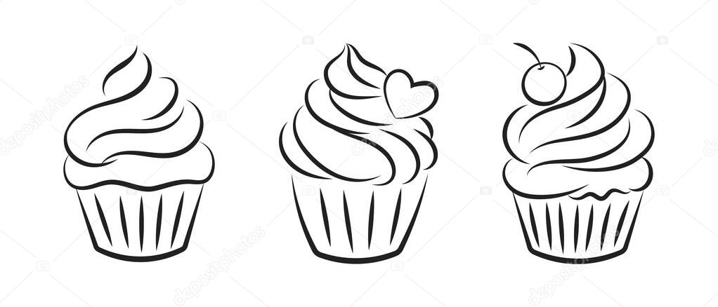 Set of linear cupcake silhouettes, line art, clipart isolated on white background. Sweet desserts. Food illustration, vector