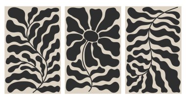 Duvar posterleri. Bohem çiçekleri ve bitkileri olan modern duvar halıları. Retro Bauhaus duvar sanatı, botanik baskı, vektör