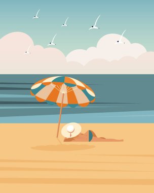 Deniz pelerini, deniz sahilinde şemsiyenin altında bikinili genç bir kadın. Yaz illüstrasyonu, vektör