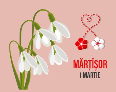 Martisor, Moldova ve Romanya 'nın geleneksel bahar tatili. Bir buket beyaz kardelen. Çiçekli bahar arkaplanı, kartpostal, vektör