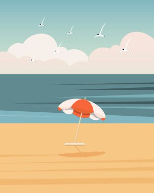 Deniz burnu, deniz sahilinde renkli güneş şemsiyesi. Yaz illüstrasyonu, vektör