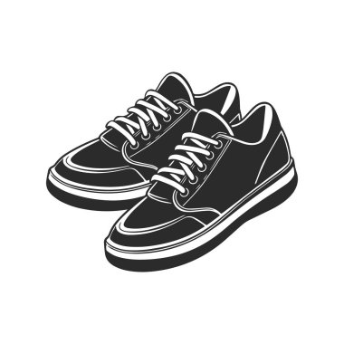 Spor ayakkabıları beyaz arka planda izole edilmiş. Monokrom tarzında illüstrasyon. Koşu aksesuarları, spor ayakkabıları. Vektör