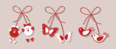 Martisor set, red and white symbol of spring. Traditional spring holiday in Romania and Moldova. Symbols, talismans, icons, vector
