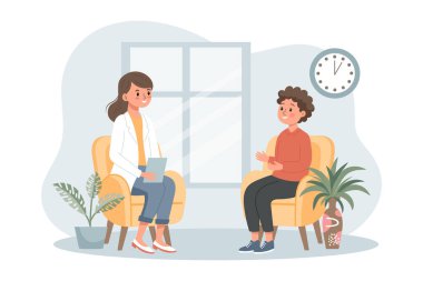 Psikoterapi seansı, bir çocuk bir psikologla konuşuyor. Ruh sağlığı afişi ya da iniş sayfası şablonu. Görüntü, vektör
