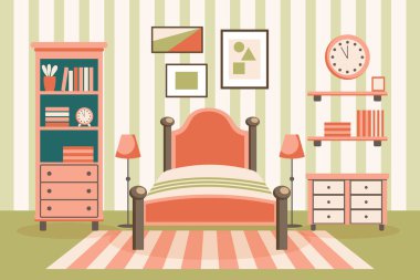 Sıcak yatak odası. Yatak odasının içi yastıklı, halılı, komodinli, gardıroplu, pencereli. İç konsept. Düz çizim. Vektör