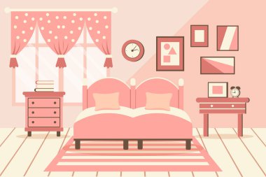 Sıcak yatak odası. Yatak odasının içi yastıklı, halılı, komodinli, gardıroplu, pencereli. İç konsept. Düz çizim. Vektör