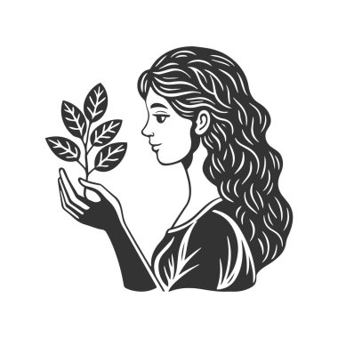 Büyüyen ağaç tutan kadın, akıl sağlığı, kişisel bakım ya da bahçe işleri. Siyah ve beyaz siluet çizimi. Logo. Vektör