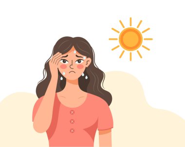 Güneş çarpmasından ya da sıcaktan başı ağrıyan genç bir kadın. Sağlık ve ilaç servisi. Görüntü, vektör